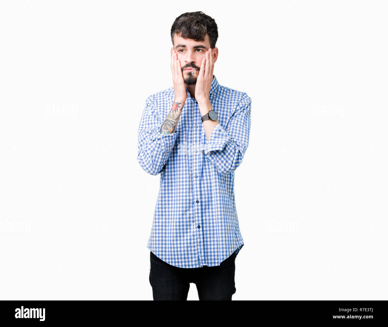 Young handsome business man over isolated background Tired hands covering face, depression and sadness, upset and irritated for problem Stock Photo