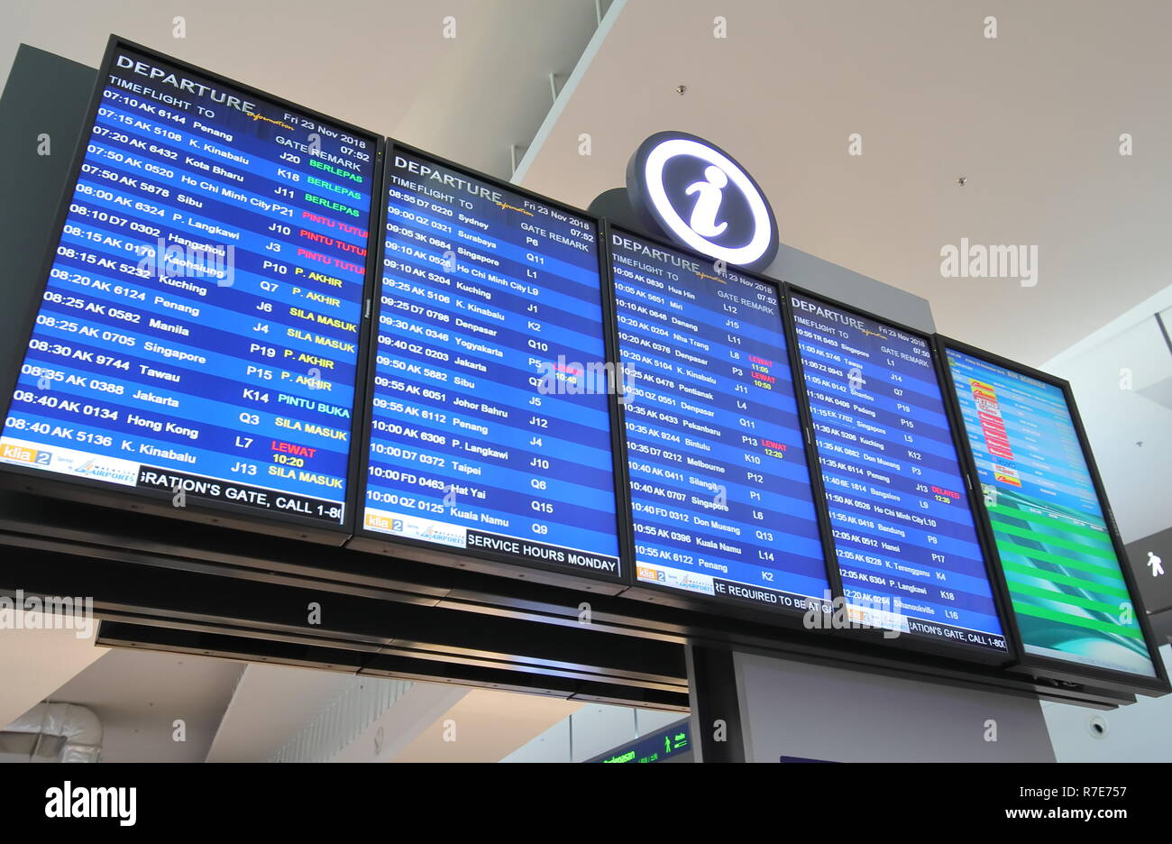 Information board displays departure time at KLIA airport in Kuala