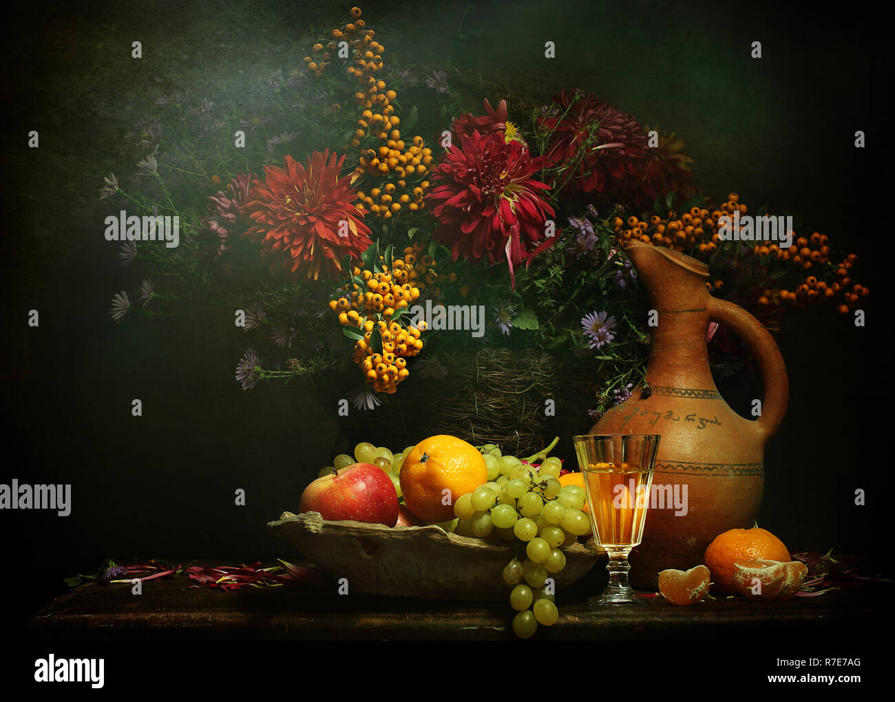 Still life with a bouquet of flowers and wine Stock Photo - Alamy