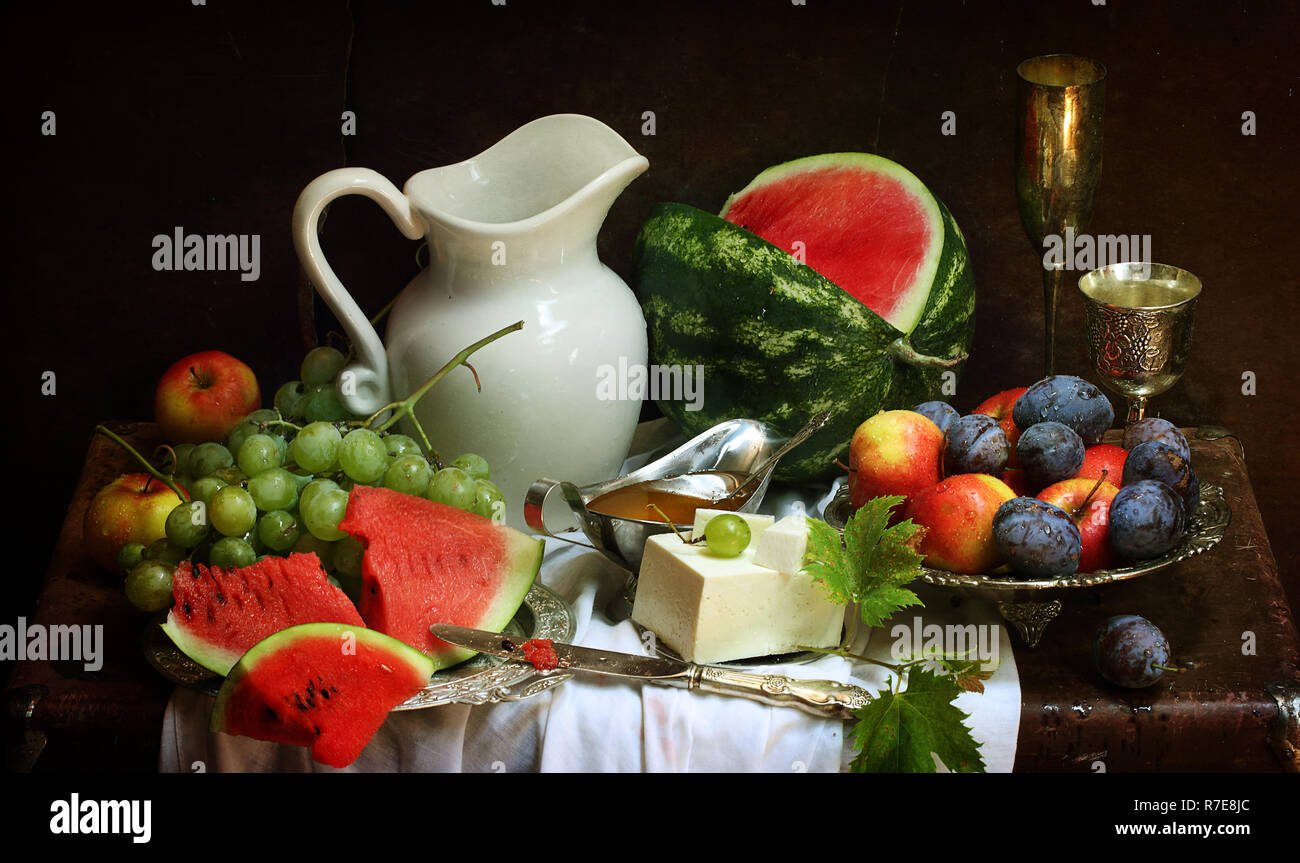 Still life with red wine and watermelon Stock Photo - Alamy