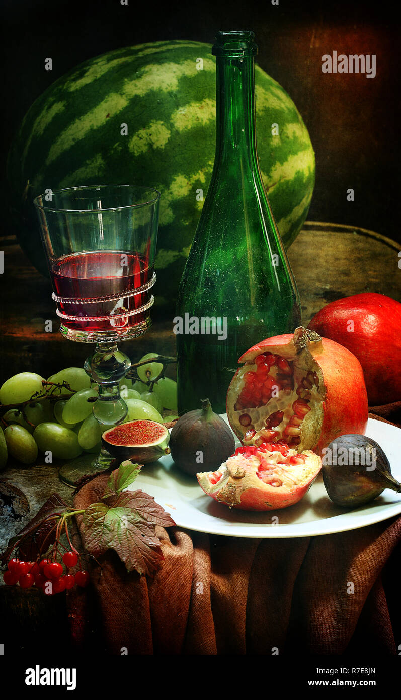 Still life with red wine and watermelon Stock Photo - Alamy