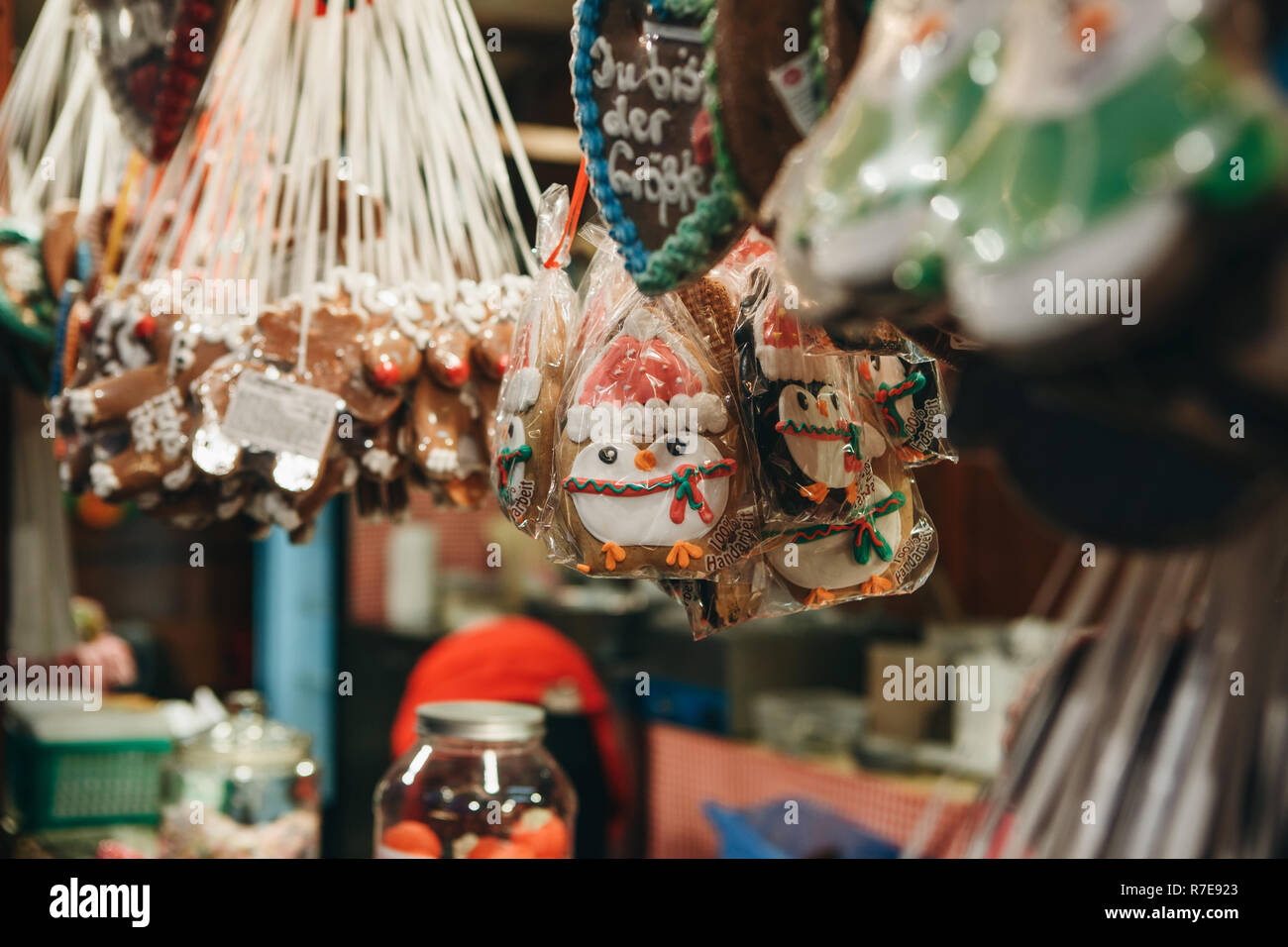 Berlin, December 25, 2017: Selling traditional handmade gingerbread and cookies and other sweets at the Christmas market in Berlin. Stock Photo