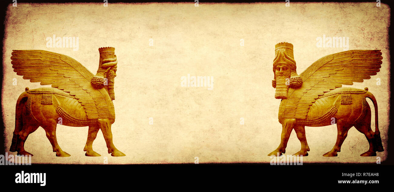 Grunge background with paper texture and lamassu - human-headed winged bull statue, Assyrian protective deity. Copy space for text. Mock up template Stock Photo