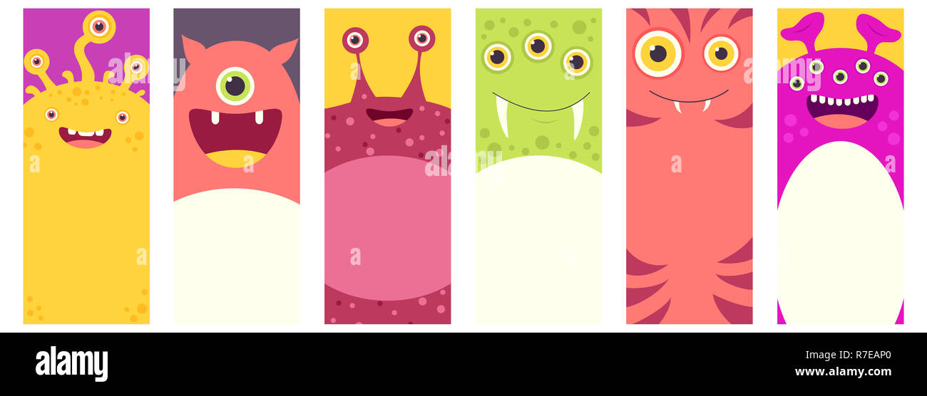Set of vertical banner, background, flyer, placard, sticker with cute monsters. Mock up template, Copy space for text. Vector template card for greeti Stock Photo