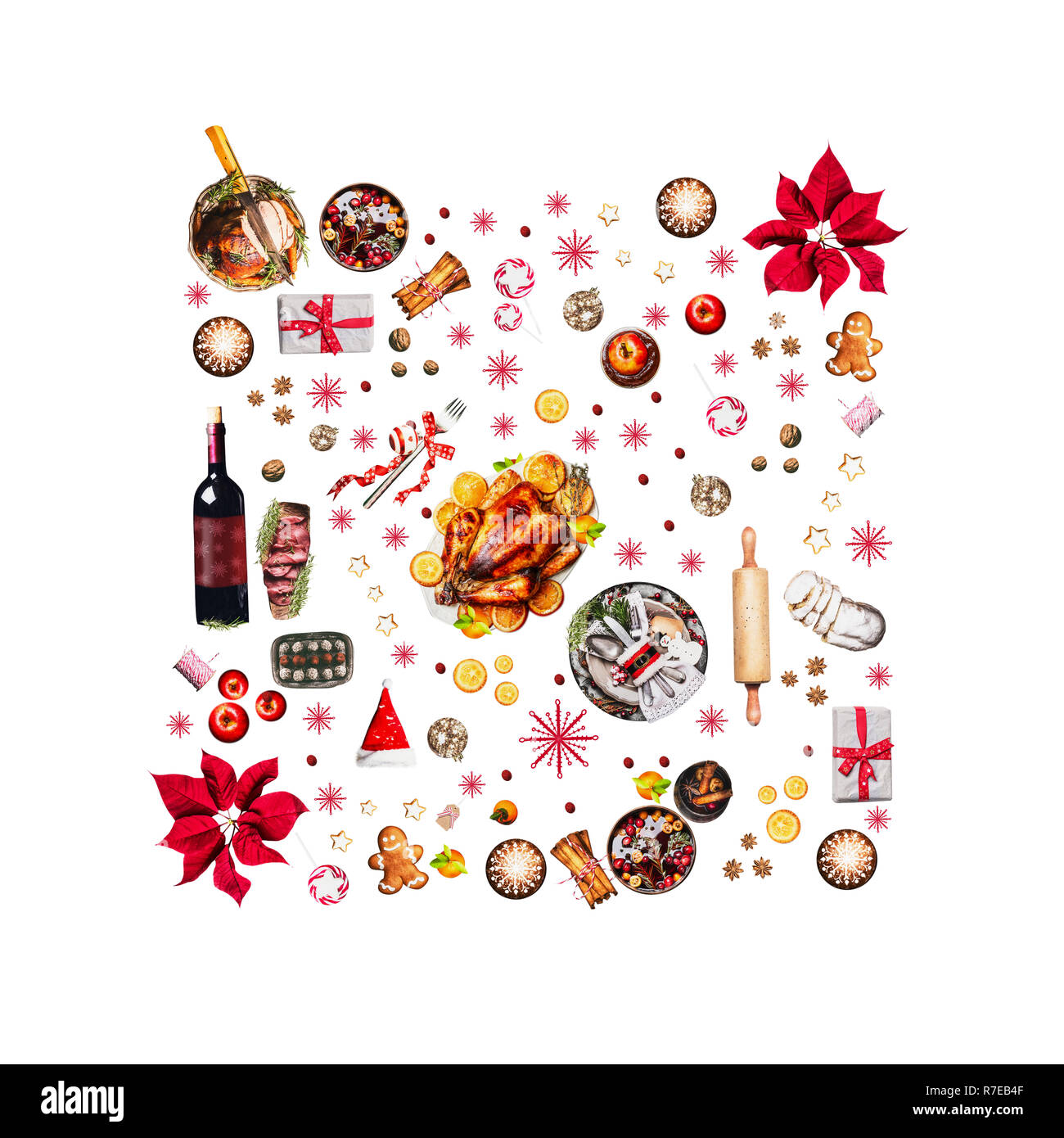 Various Christmas foods for Christmas dinner. Composition pattern , isolated on white background, top view Stock Photo