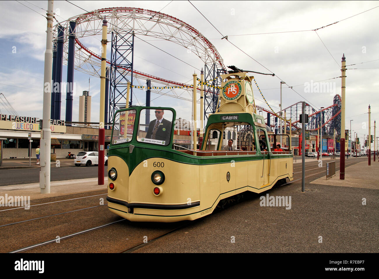 Blackpool open top tram in front of Pleasure Beach Stock Photo - Alamy