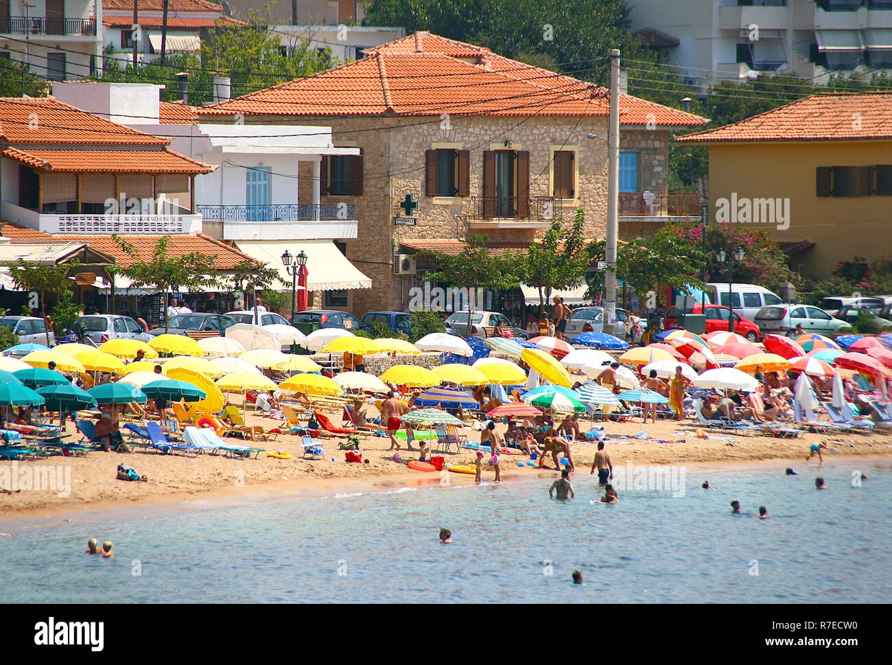 View of Stoupa beach, located in Messinia, Greece. Stock Photo
