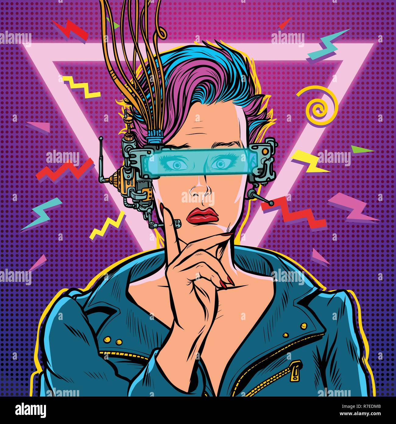 thinker vr glasses woman gamer virtual reality online. 80s girl. Pop art retro vector illustration kitsch vintage. 80s girl woman Stock Vector