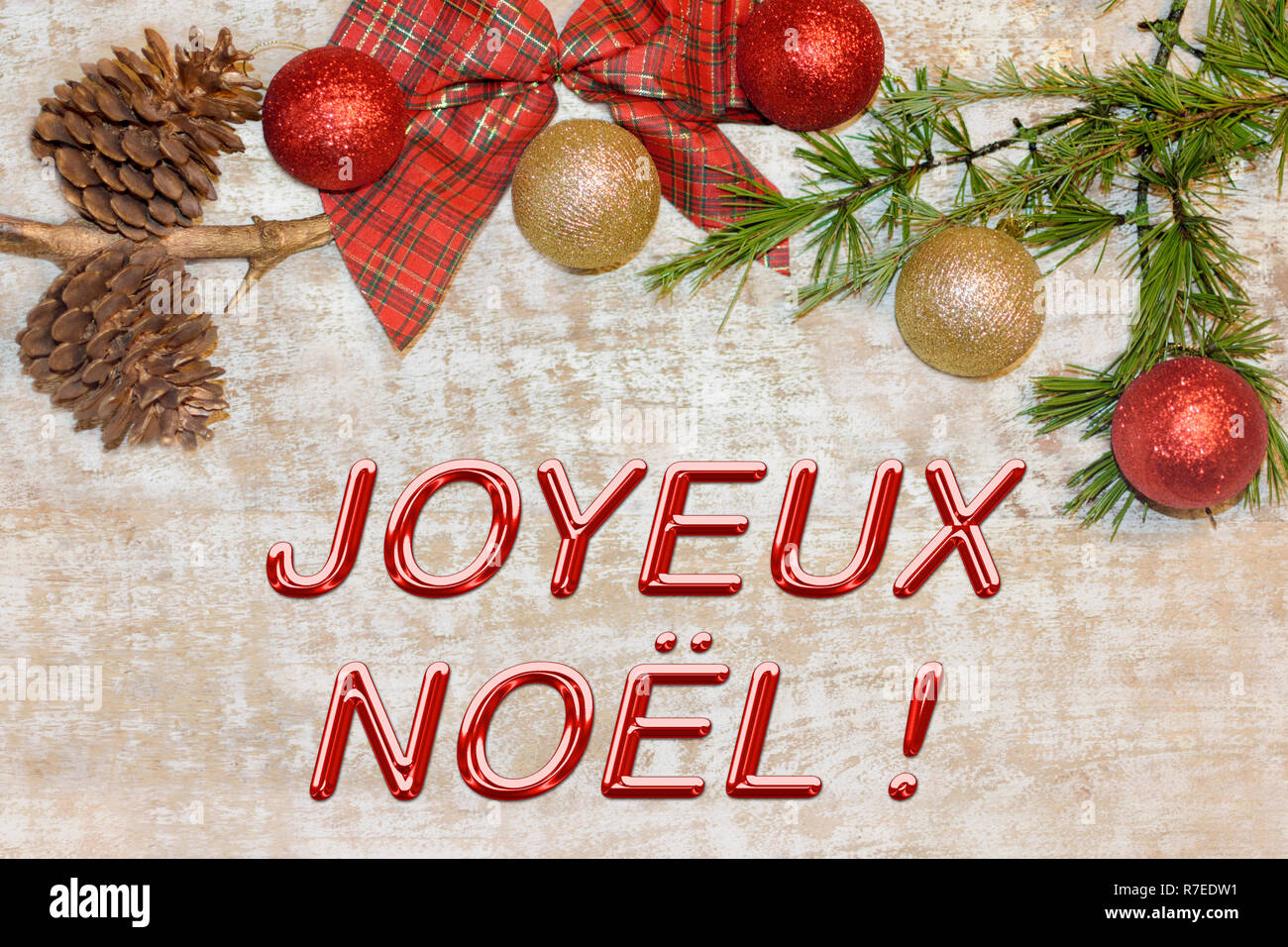 Christmas composition frame for greetings card. 'Joyeux Noël' Stock Photo