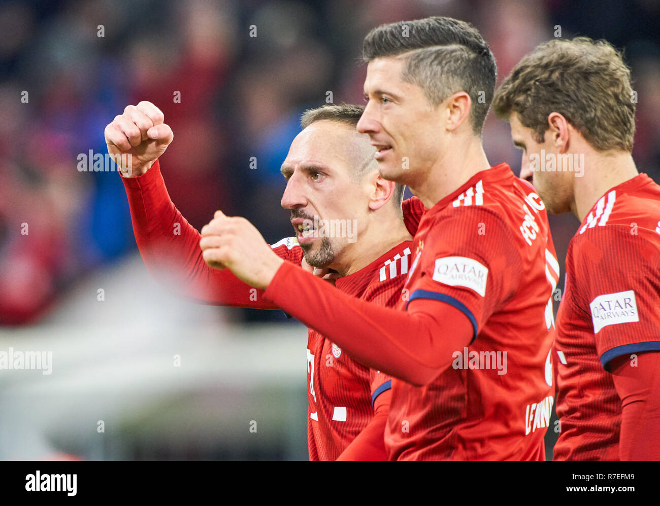 Germany, Berlin. 8th Dec 2018. Franck RIBERY, FCB 7 celebrates his goal for  , happy, laugh, 3-0 with Robert LEWANDOWSKI, FCB 9  FC BAYERN MUNICH - 1.FC NUREMBERG  - DFL REGULATIONS PROHIBIT ANY USE OF PHOTOGRAPHS as IMAGE SEQUENCES and/or QUASI-VIDEO -  1.German Soccer League , Munich, December 08, 2018  Season 2018/2019, matchday 14, FCB, 1.FC Nürnberg © Peter Schatz / Alamy Live News Stock Photo
