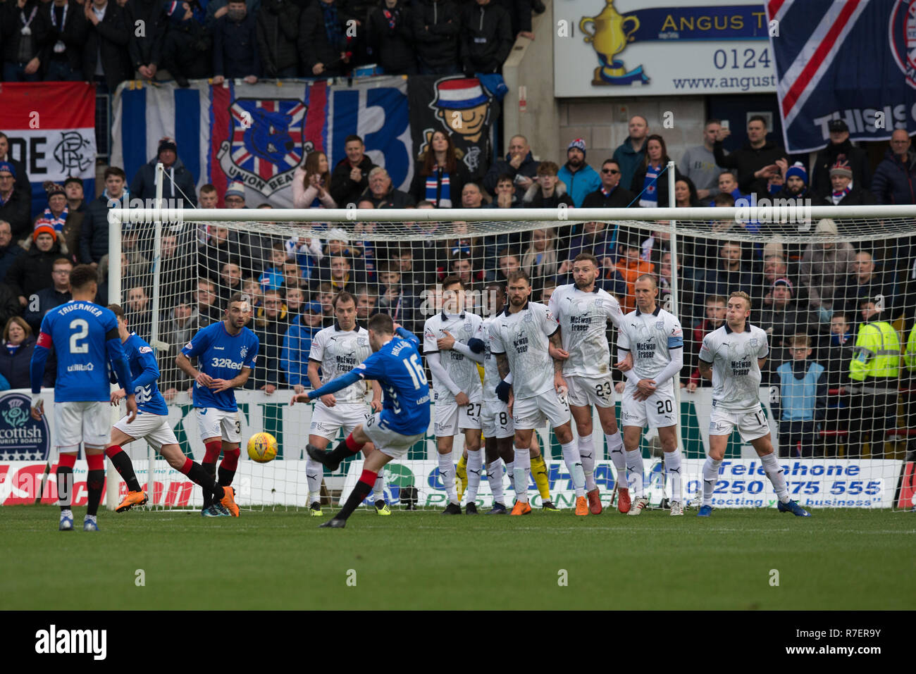 Dens Park, Dundee, Scotland, UK. 9th December, 2018. Ladbrokes Premiership  football, Dundee versus Rangers; Andrew Halliday of Rangers scores from a  direct free kick for 1-1 in the 20th minuteEditorial use only,