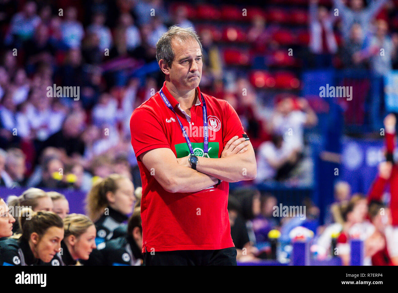 09 December 2018, France (France), Nancy: Handball, women: EM, Hungary - Germany Main Round, Group 2, 2nd Matchday at the Palais des Sports. Germany's coach Henk Groener crosses his arms. Photo: Marco Wolf/wolf-sportfoto/dpa Stock Photo