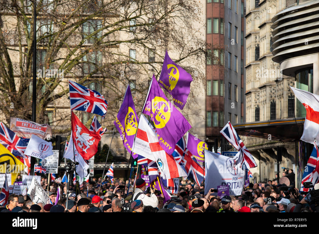 Brexit Betrayal march. Protesters are demonstrating at what they see as a betrayal by the UK government in not following through with leaving the EU in its entirety after the referendum. UKIP flags Stock Photo