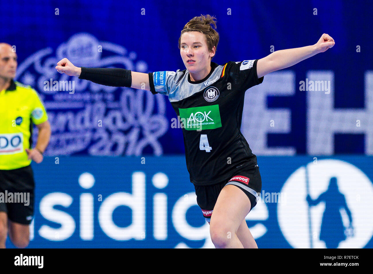 09 December 2018, France (France), Nancy: Handball, women: EM, Hungary - Germany Main Round, Group 2, 2nd Matchday at the Palais des Sports. Germany's Alina Grijseels cheers for a goal. Photo: Marco Wolf/wolf-sportfoto/dpa Stock Photo