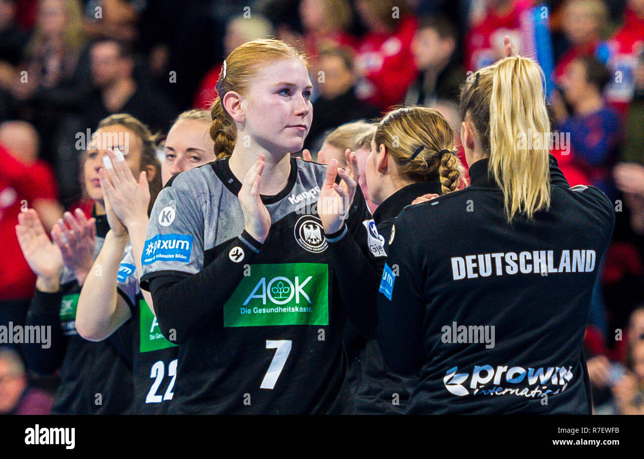 09 December 2018, France (France), Nancy: Handball, women: EM, Hungary - Germany Main Round, Group 2, 2nd Matchday at the Palais des Sports. Germany's Meike Schmelzer (M) after the game. Photo: Marco Wolf/wolf-sportfoto/dpa Stock Photo