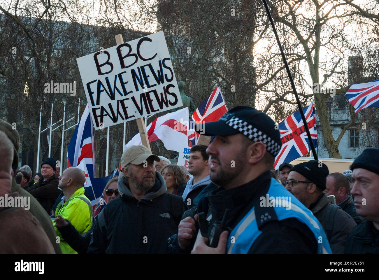 Pro Brexit Rally, London UK, organised by UKIP with far right supporters. Placard with "BBC FAKE NEWS, FAKE VIEWS" Stock Photo