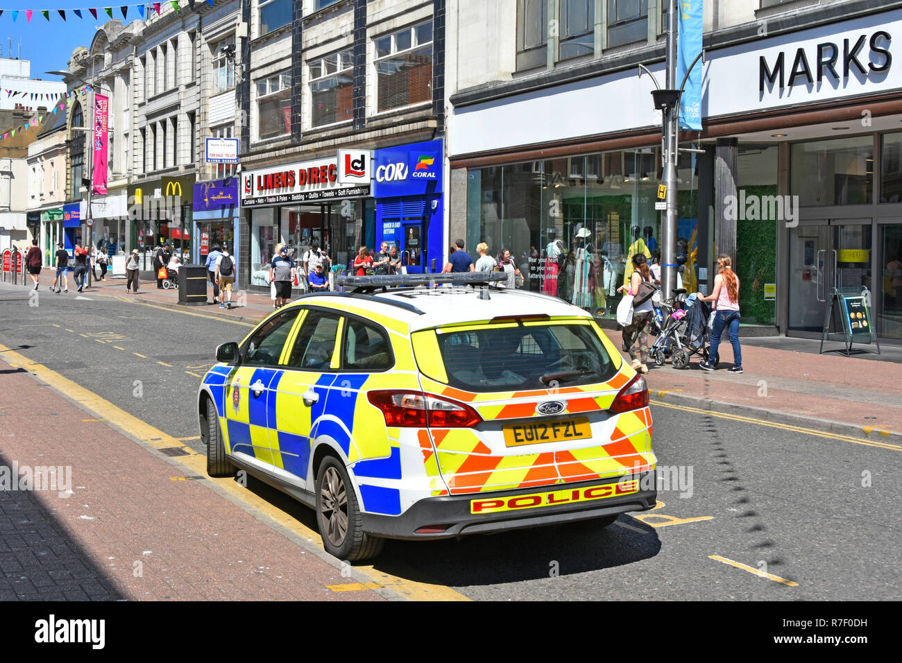 Southend on sea street scene in holiday seaside resort Essex Ford police car & battenburg markings town centre shopping high street Essex England UK Stock Photo