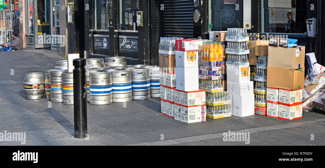 Newcastle city street scene early morning beer barrels & drink supply chain pavement delivery outside pub Newcastle upon Tyne and Wear England UK Stock Photo