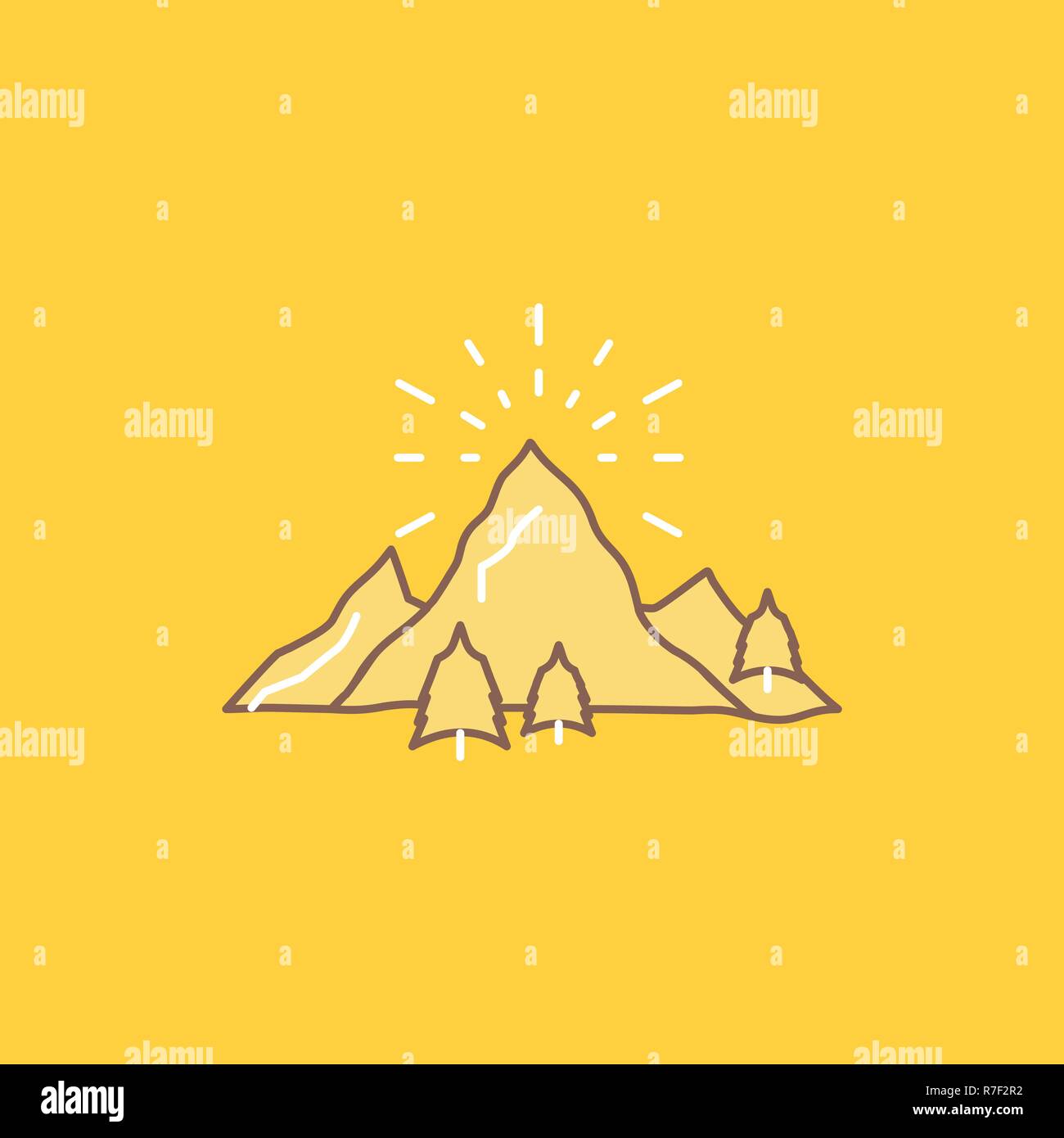 hill, landscape, nature, mountain, fireworks Flat Line Filled Icon. Beautiful Logo button over yellow background for UI and UX, website or mobile appl Stock Vector