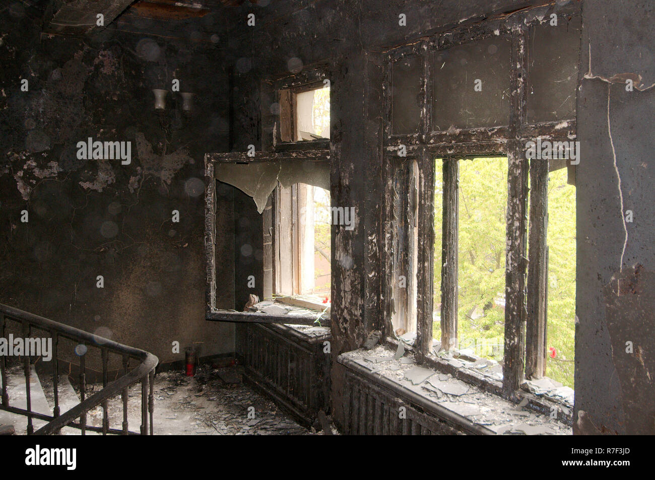 Ukraine conflict, burnt down building of the trades union, Odessa, Odessa Oblast, Ukraine Stock Photo