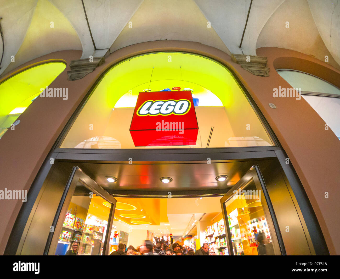 Bologna, Italy - December 6, 2018: Logo of Lego shop of Bologna. LEGO is a line of plastic construction toys that are manufactured by The Lego Group in Billund, Denmark. Stock Photo