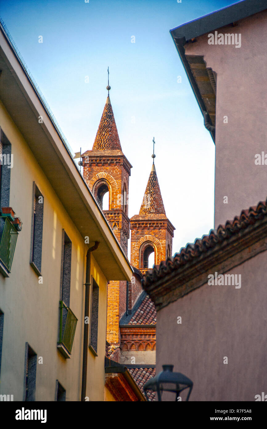 The town of Alba and its towers, Piemonte, Italy Stock Photo