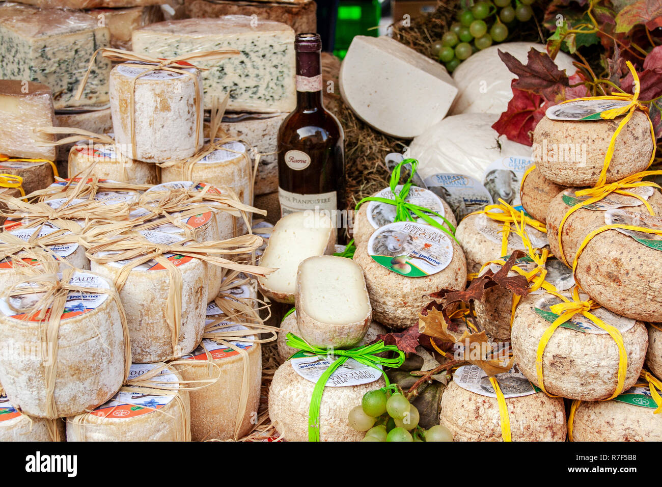 At ALBA - ON 04/15/2017- Cheese and wine, Typical products of Piedmonte, Italy Stock Photo