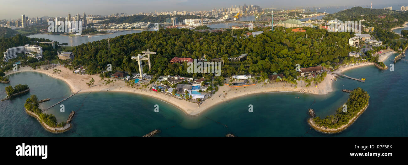 Aerial panoramic image of Tanjong Beach, at Sentosa Island Singapore.   Image captured with a DJI Mavic Pro on 21st August 2018. Stock Photo