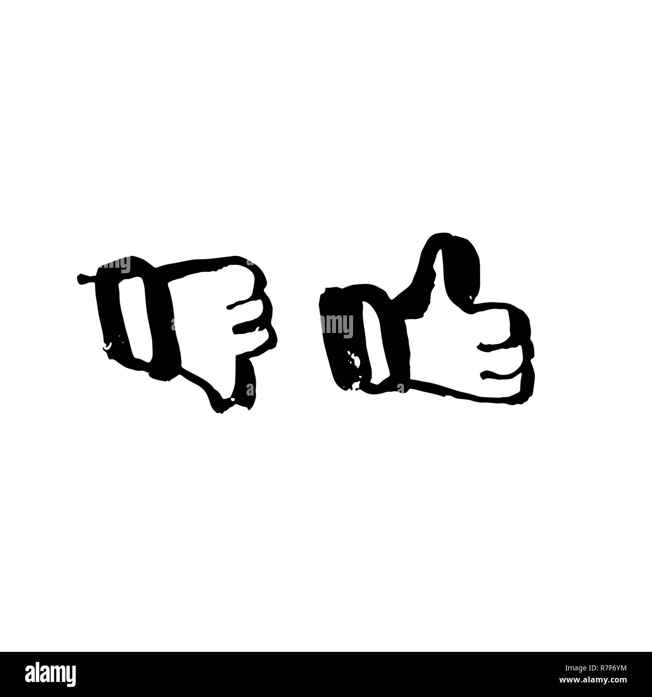 Like and dislike grunge icon. Thumb up and down. Negative and positive brush sign. Vector ink illustration. Stock Vector