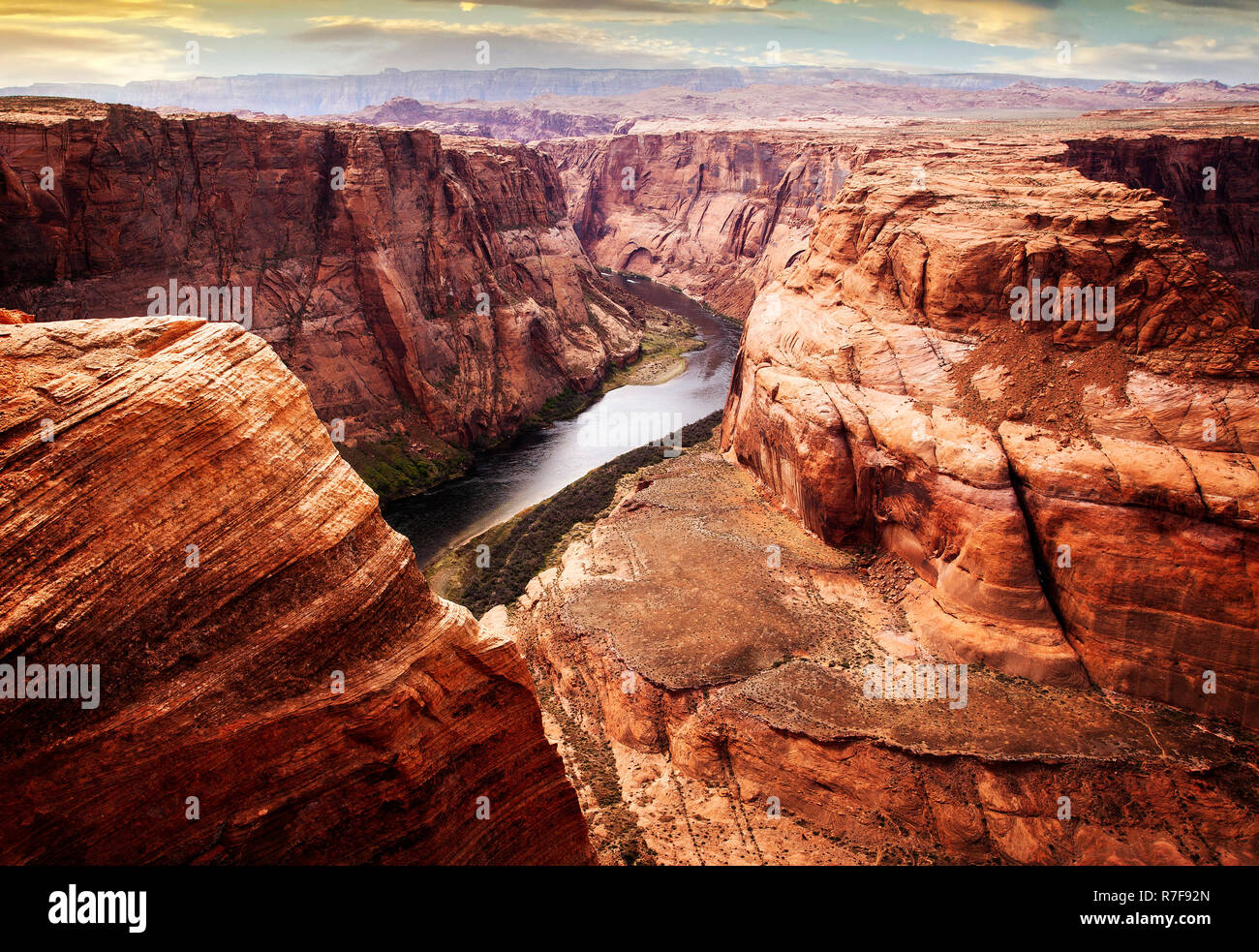 Looking down river from Horseshoe Bend on the Colorado River near Page, Arizona. Stock Photo