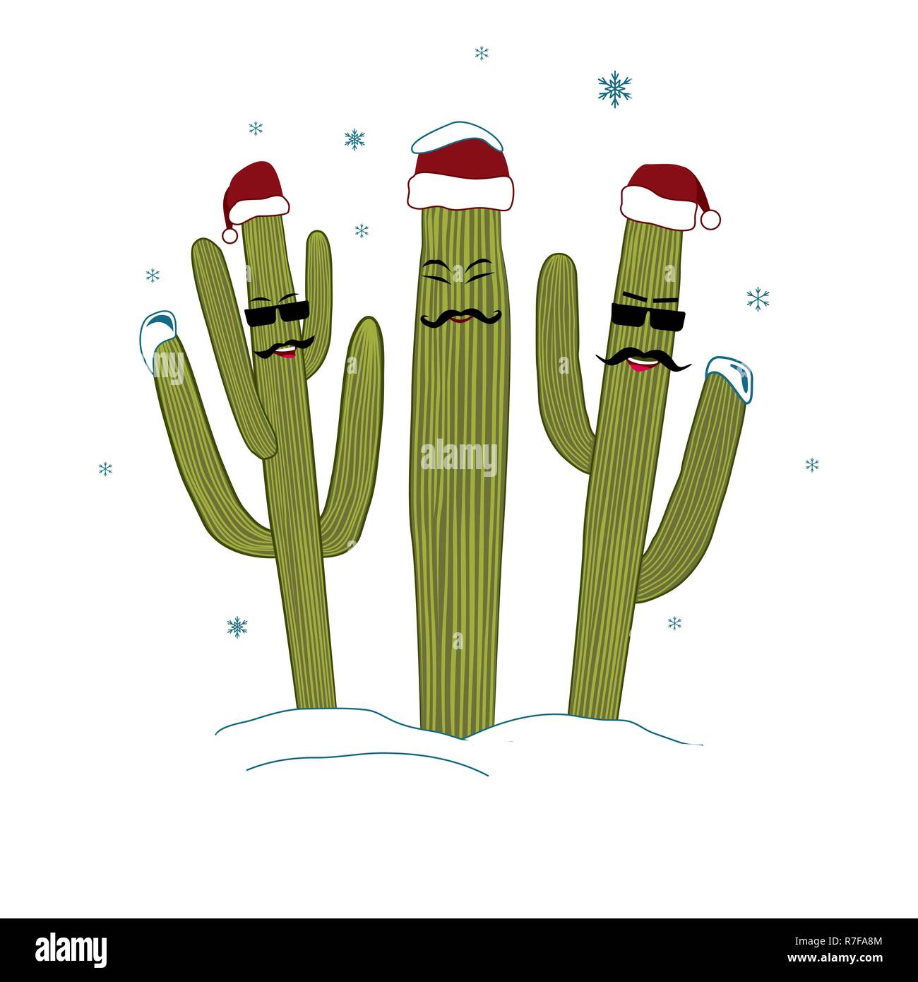 Three Christmas Saguaro Cactuses. Winter in tropical climate concept. Three cacti friend in Santa Hats. Stock Vector
