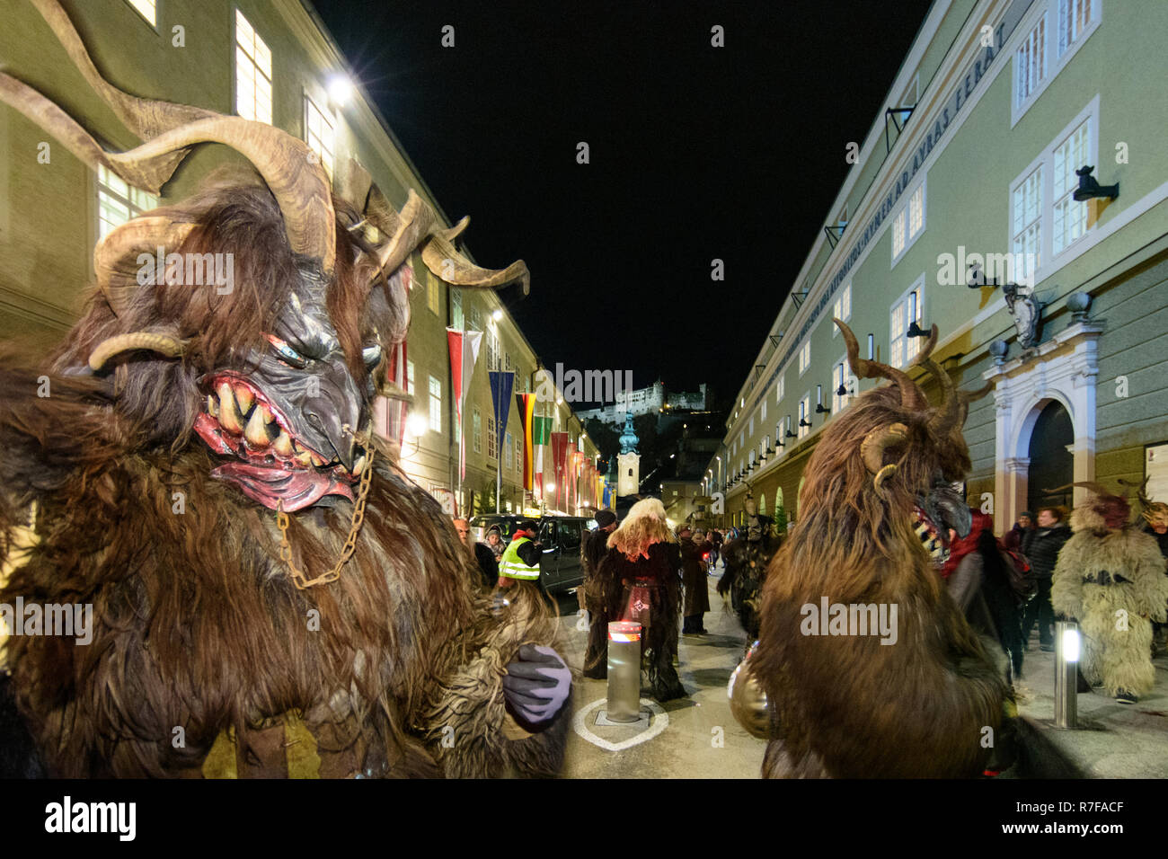Salzburg Krampuslauf (KrampusLauf, Perchtenlauf, Krampus run, mask procession) in Old Town in
