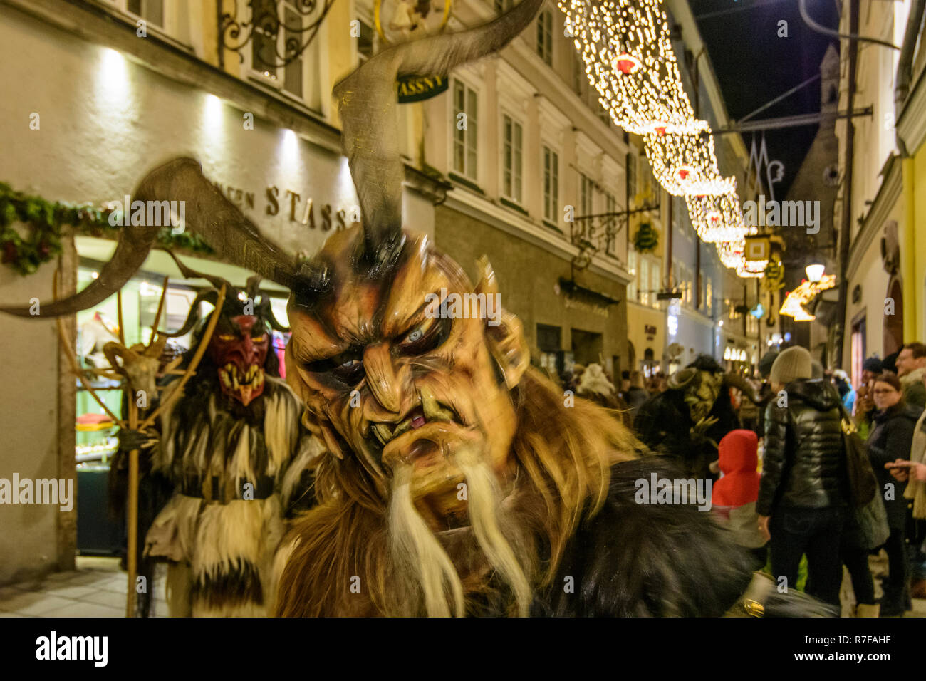 Salzburg Krampuslauf (KrampusLauf, Perchtenlauf, Krampus run, mask procession) in Old Town in
