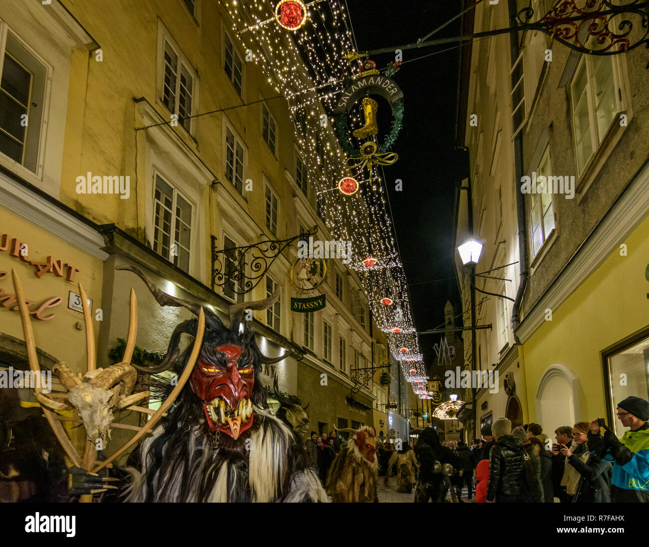 Salzburg Krampuslauf (KrampusLauf, Perchtenlauf, Krampus run, mask procession) in Old Town in