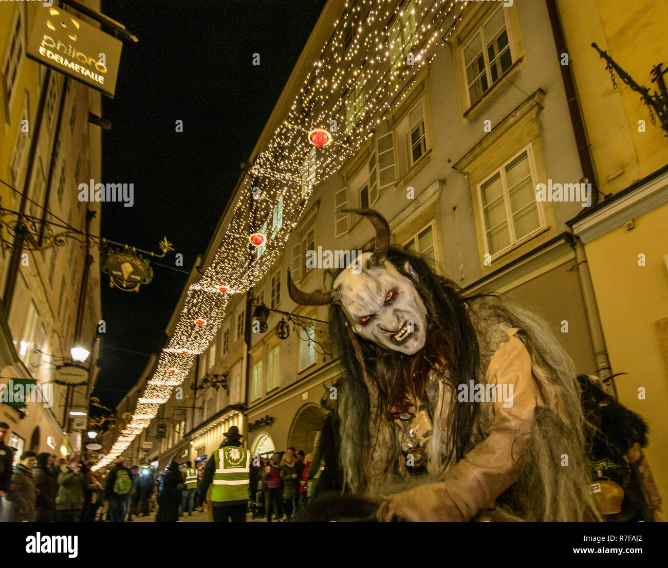 Salzburg Krampuslauf (KrampusLauf, Perchtenlauf, Krampus run, mask procession) in Old Town in