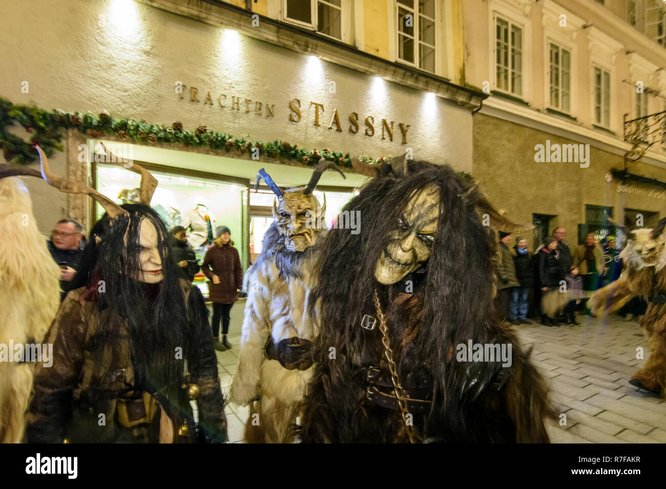 Salzburg Krampuslauf (KrampusLauf, Perchtenlauf, Krampus run, mask procession) in Old Town in