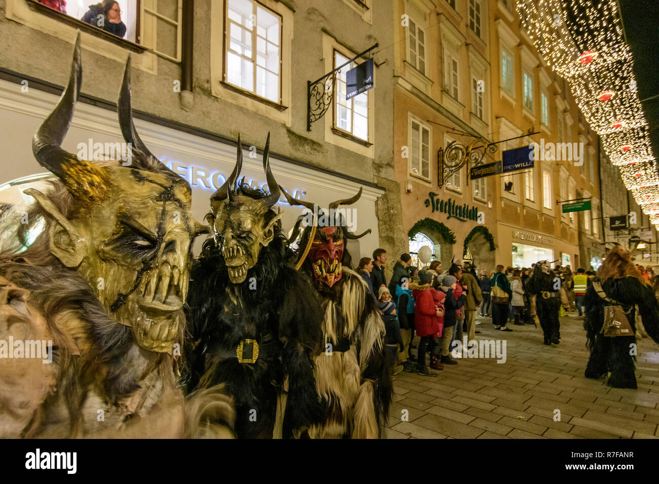 Salzburg Krampuslauf (KrampusLauf, Perchtenlauf, Krampus run, mask procession) in Old Town in
