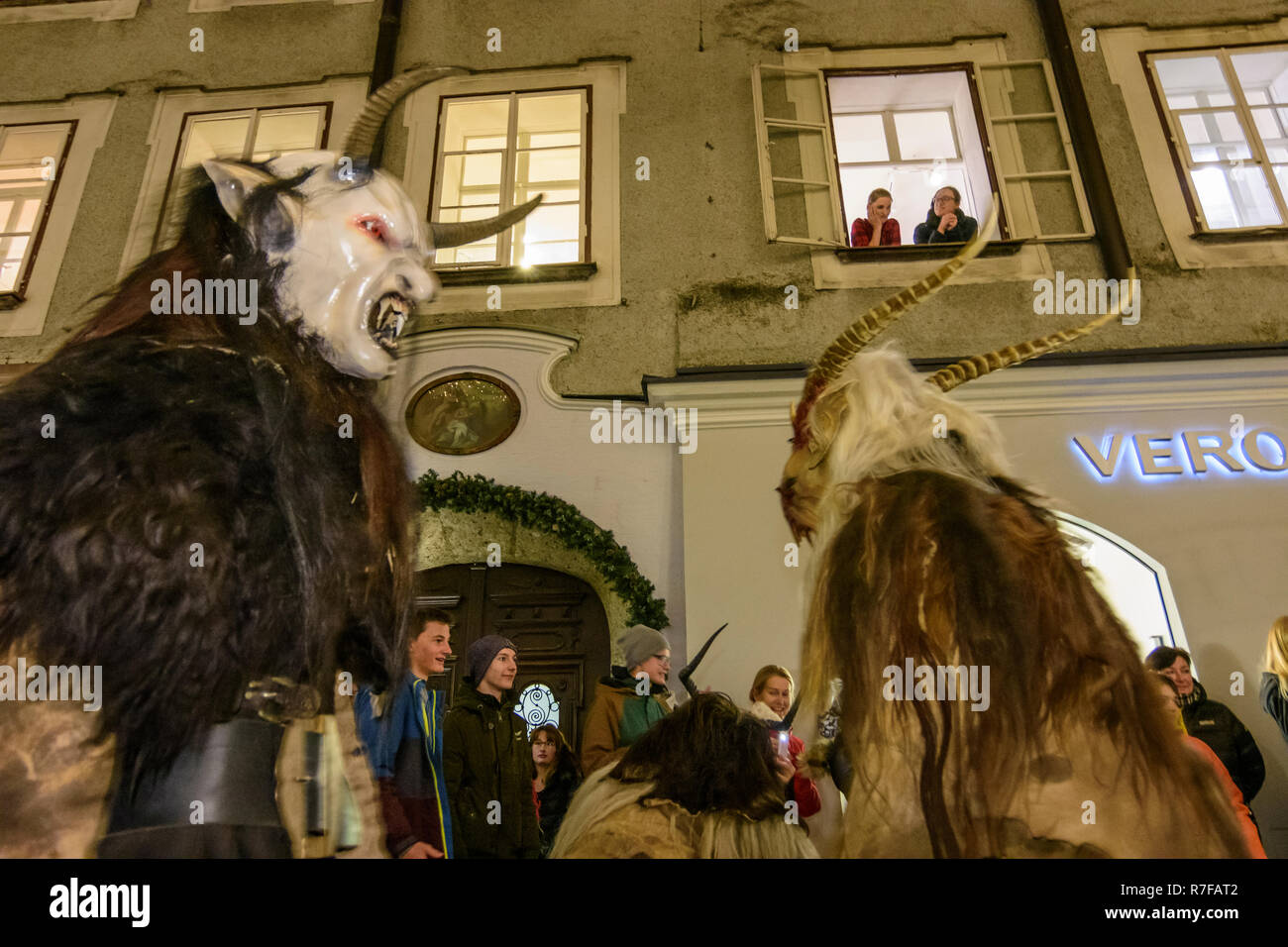 Salzburg Krampuslauf (KrampusLauf, Perchtenlauf, Krampus run, mask procession) in Old Town in