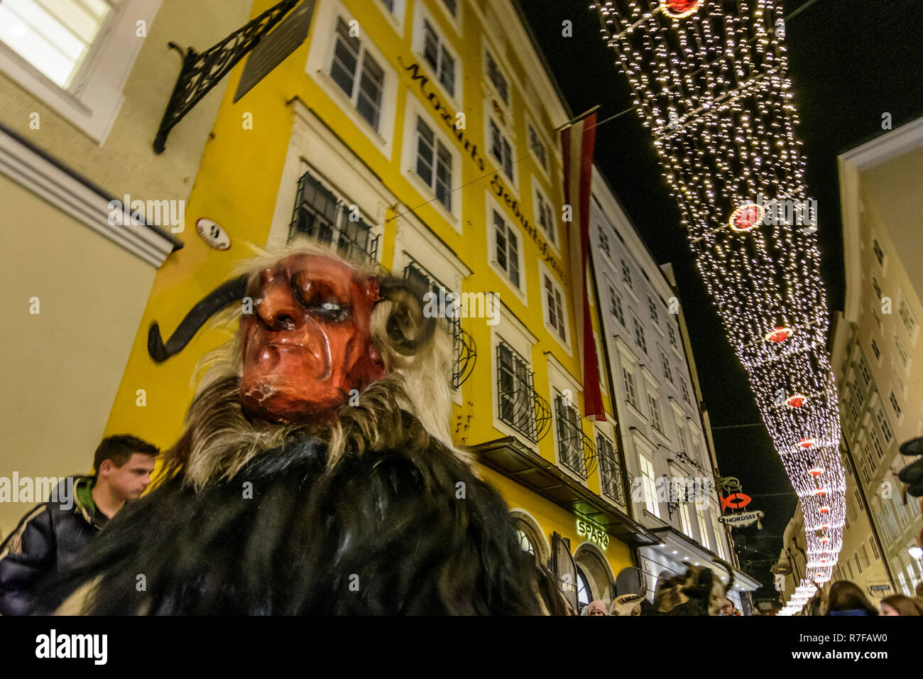 Salzburg Krampuslauf (KrampusLauf, Perchtenlauf, Krampus run, mask procession) in Old Town in