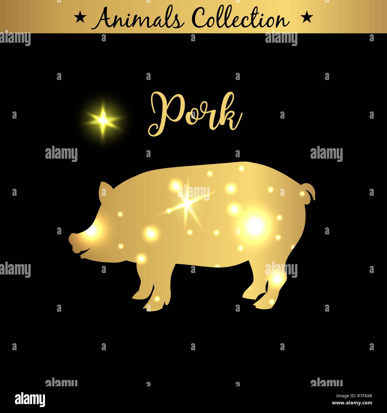 Isolated vintage golden and royal emblem of farm Pork animal. Pig or pork meat. Butchery products market. Golden silhouette with lights and lettering. Concept template for branding Stock Vector