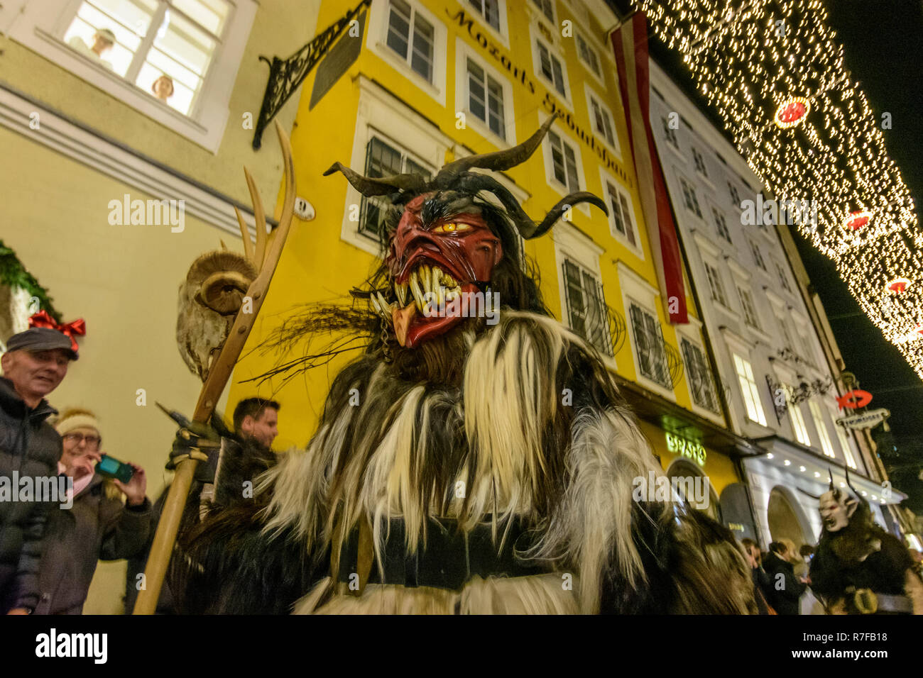 Salzburg Krampuslauf (KrampusLauf, Perchtenlauf, Krampus run, mask procession) in Old Town in