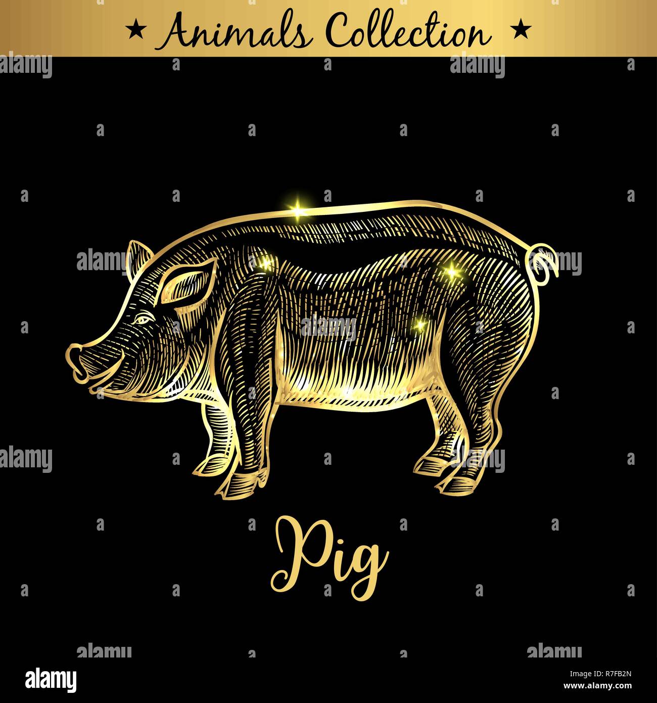 Golden and royal Hand Drawn Emblem of farm Pork animal. Butchery shop branding, meat products. Butcher market. Gold Outline Sketch and lettering. Contour drawing concept Stock Vector