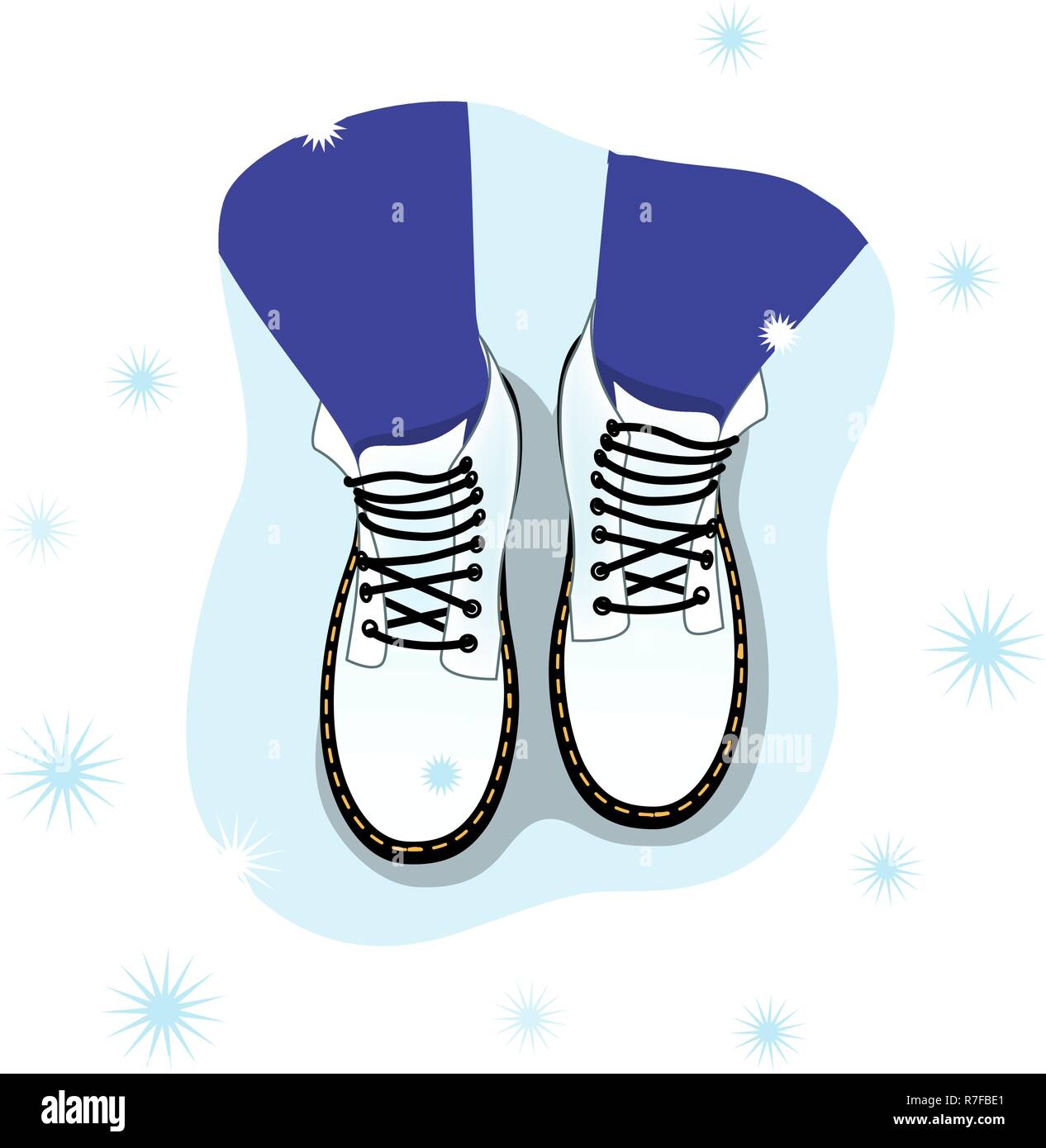 Vector illustration of the top view of the female legs in boots on the snow. Stock Vector