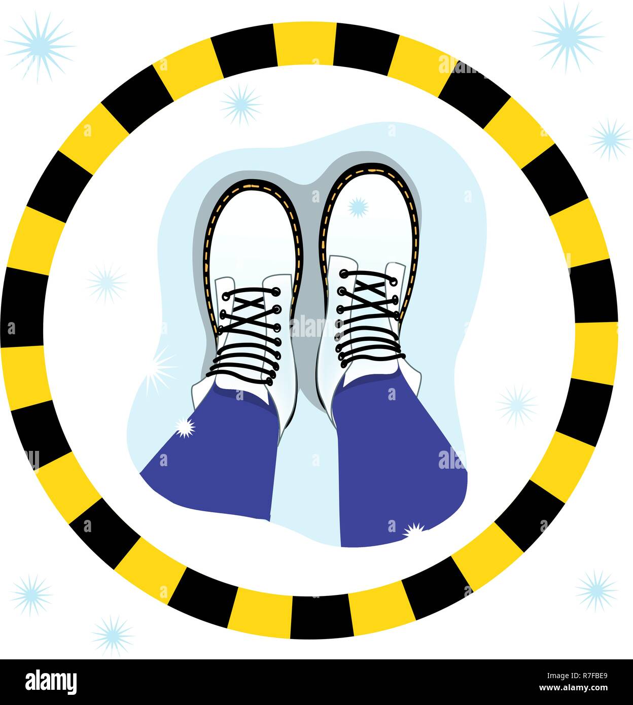 Vector illustration of the top view of the female legs in boots on the snow, in circle stripe. The psychological concept of personal boundaries Stock Vector