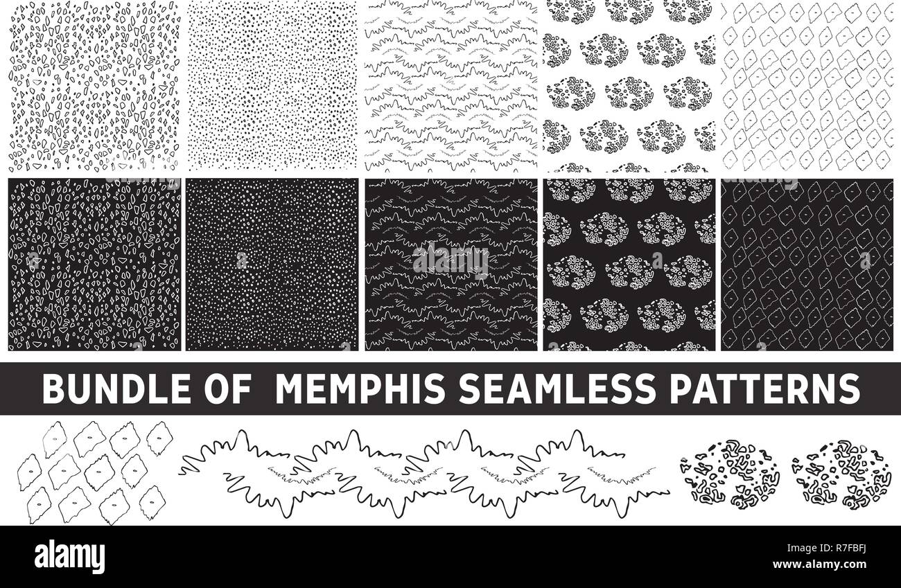 Bundle of Memphis seamless patterns. Set of hand drawn marker and ink patterns. Simple vector scratchy textures with dots, strokes and doodles. Black  Stock Vector