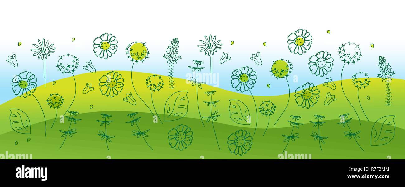 Floral repeating pattern on a gradient background of the landscape, the cover of the site, website, page. Drawing of chamomiles, bells, wildflowers Stock Vector