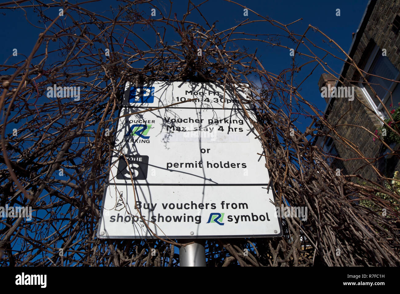 road sign giving details of car parking restrictions partially obscured by tree branches, in the borough of richmond upon thames, london, england Stock Photo