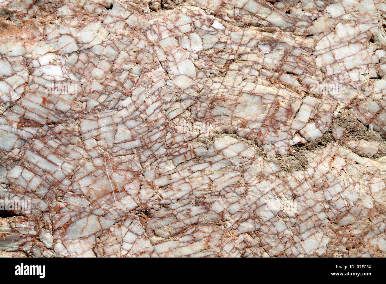 fractured milking quartz rock with iron staining between cracks Stock Photo