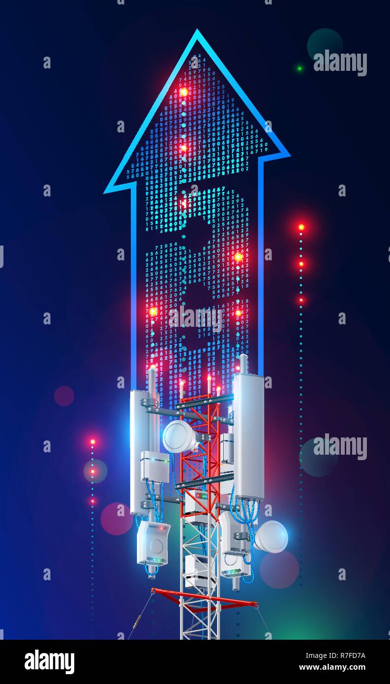5g tower communication antenna. fast speed station of wireless mobile internet . transmitter transfer signal of cellular network. telecommunication broadcast concept. Stock Vector