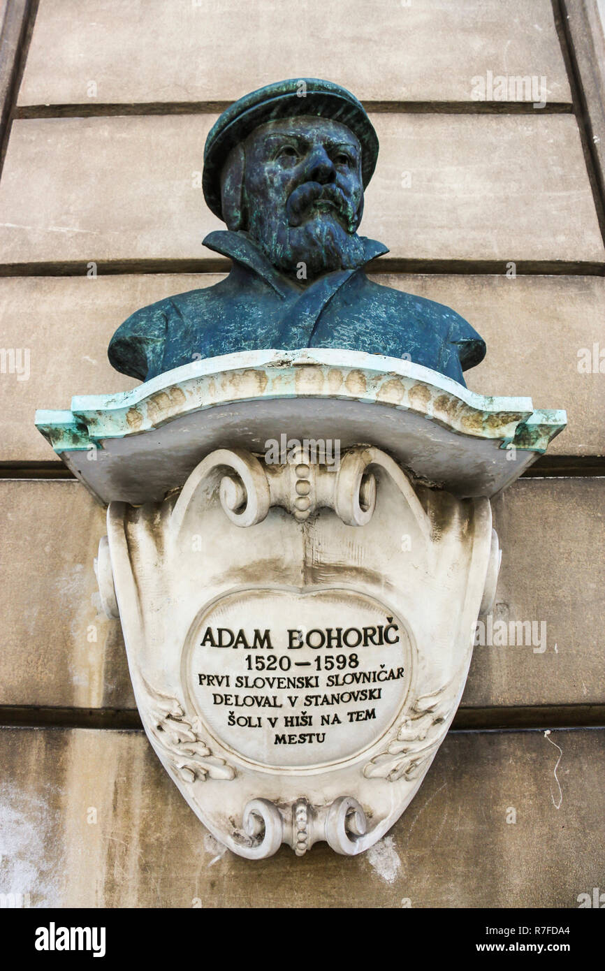 Ljubljana, Slovenia - 2013: Bust memorial of the Protestant grammarian Adam Bohoric who wrote Free Winter Hours writen in Latin was the fisrt grammar  Stock Photo
